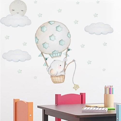 Cartoon baby elephant Wall Stickers For Kids Room Baby Nursery Room Decoration Hot Air Balloon Wall Decals Cloud Moon Stars PVC