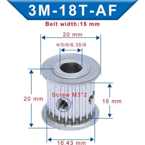 3M-18T Pulley AF shape Inner Bore 4/5/6/6.35/8 mm Aluminum pulley wheel Slot Width 16 mm For 3M-Rubber Timing Belt Width 15 mm