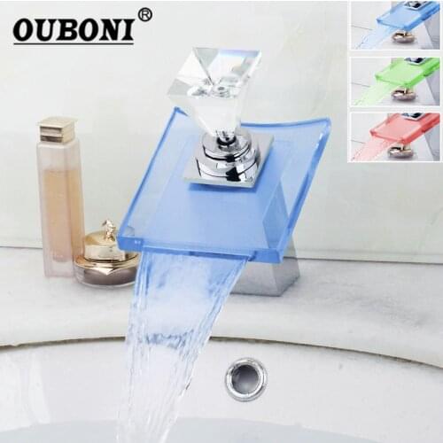 OUBONI Chrome Polish LED Bathrrom Faucet Diamond Handle Luxury Deck Mount Waterfall Basin Faucet LED Color Glass Spout Mixer Tap
