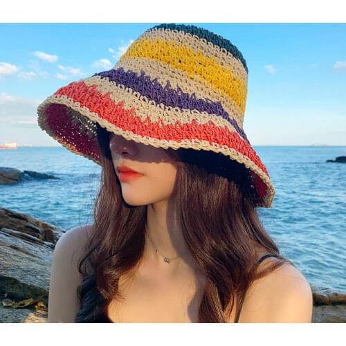 Summer Womens Bucket Hat Straw Made Rainbow Crochet Foldable Bob Parent-child Panama Hat Children Female Beach Sun Visor Cap
