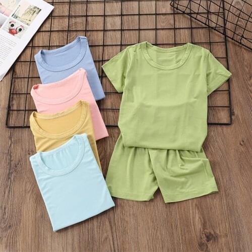 New Summer Short Sleeve Pajamas For Boys Girls Childrens Clothing Set Top+Pants 2 Piece Suit Sleepwear Solid Color Pyjamas Kids