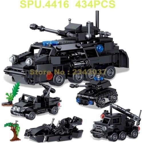 Ql0249 434pcs 4in1 Police Swat Chariot Tank Boat Car Truck 4 Dolls Building Blocks Toy
