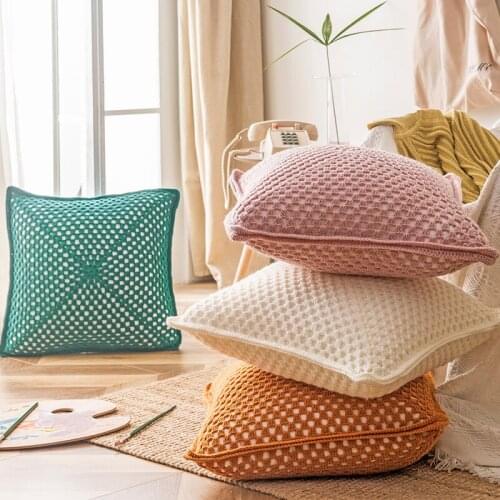 Handmade Cushion Cover 42x42cm Crochet Vintage Solid Yellow Pink Green Cream Pillow Case for home decoration
