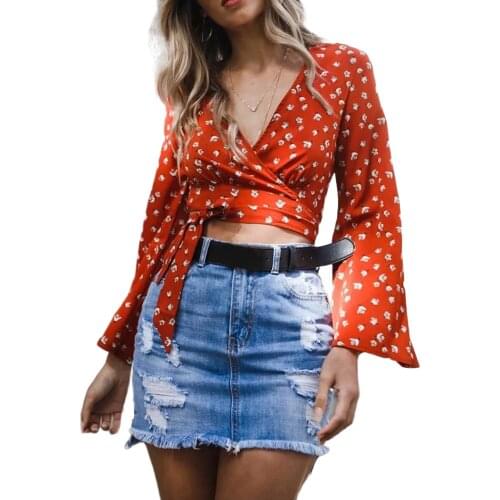 2020 Fall Womens Sexy V-neck Flared Long Sleeve Floral Print Chiffon Shirt Short Cross Lace-Up Flower Printed Blouse Crop Top