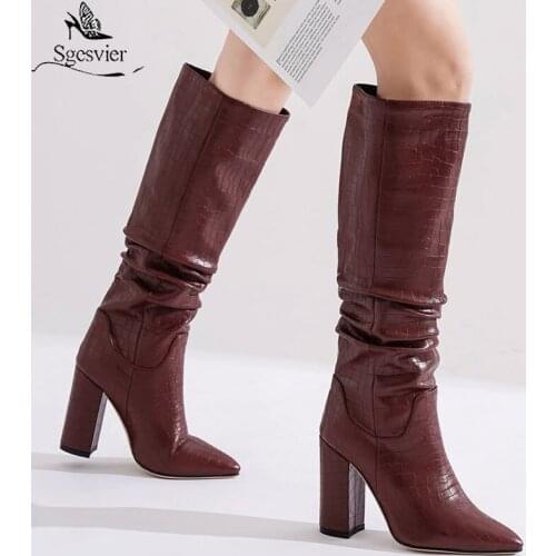 Sgesvier 2020 cowboy western knee high boots women pointed toe pleated European Style autumn winter boots thick high heels woman