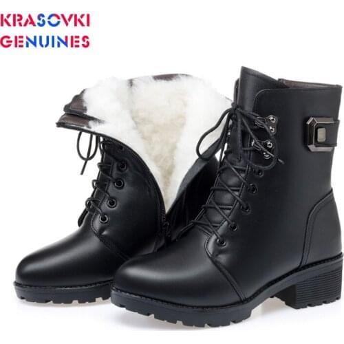 Krasovki Genuines Wool Women Snow Boots Pointed Toe Genuine Leather Fur Warm Shoes Plush Ankle Boots Leisure Women Winter Boots