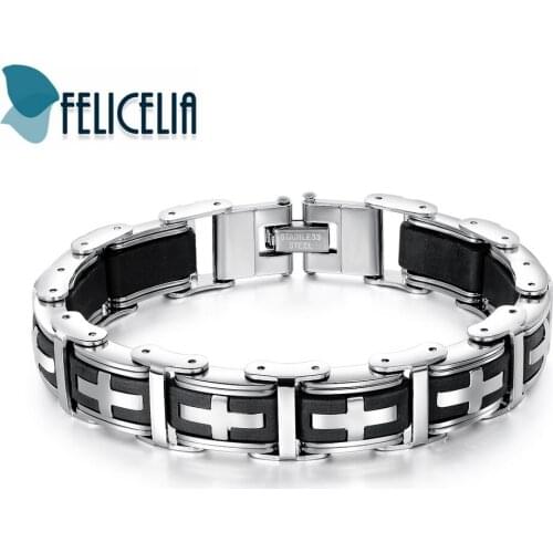 Felicelia 14mm Genuine Silicone Stainless Steel Cross Bracelet Heavy Metal Chunky Chain Bracelet For Men Boys Trendy Jewelry
