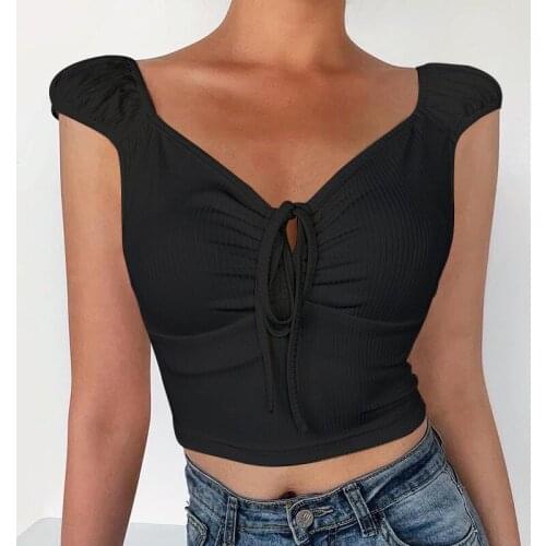 Women Summer Crop Top Cap Sleeve Front Drawstring Ruched V Neck Pull Tie Solid Color Pullover Solid Colot T-shirt Tops
