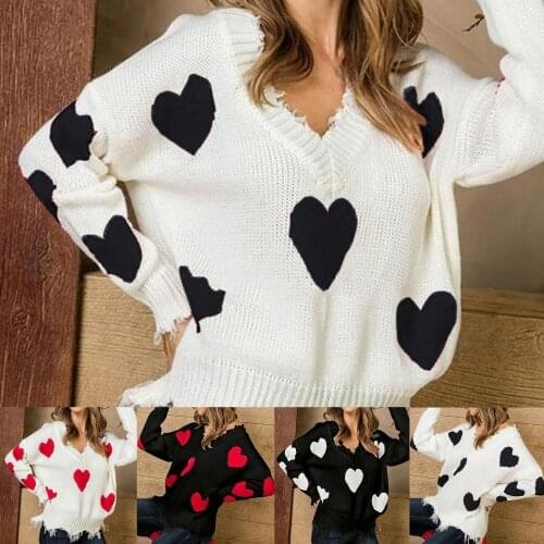 Dropshipping Women Loose Long Sleeve V Neck Knit Pullover Sweater Heart Patch Jumper Tops