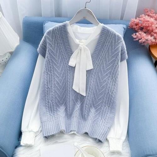 2020 Autumn Winter Women Knitted Sweater Sleeveless Women Loose Vest School Teenager Girls Waistcoat Ladies V-Neck Pullover Tops