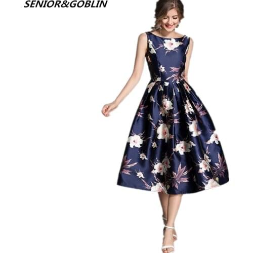 2019 High Quality New European Style Spring Summer Blue Print Dress Women Retro Casual Robe Femme Party Dressses