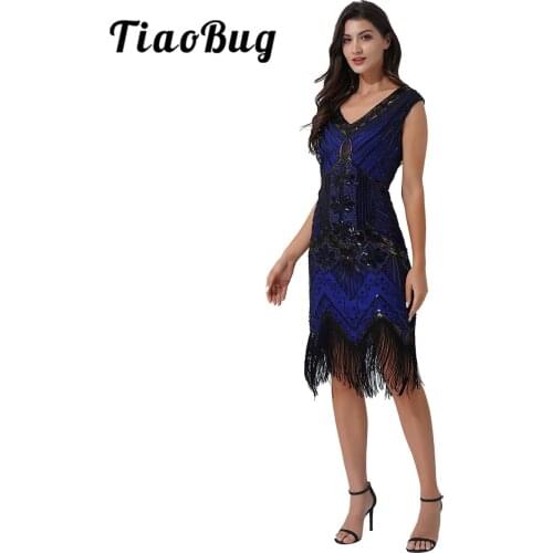 Womens Evening Dresses 1920s Sequin Vintage Dress Vestidos De Festa Cocktail Party Pageant Sexy V Neck Tassel Flapper Dress