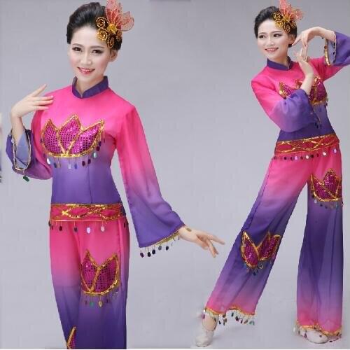 0121) adult Chinese Folk dance costumes girls purple sequins Embroidery Hanfu yangko fan Jiangnan rain classical dance costumes