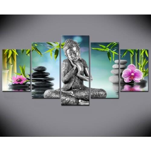 2019 5 Pieces Buddha Canvas Wall Art Painting For Bed Room Decor Modern Buddha orchid Bamboo Water Zen Print Picture Frame