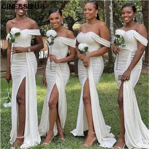 White High Slit Mermaid Bridesmaid Dresses for Black Girls Off the Shoulder Wedding Party Dress 2021 Long Chiffon Women Gowns