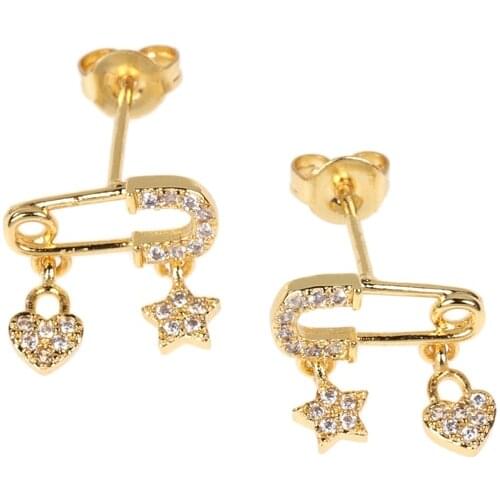 EYIKA Fashion Korean Charm Zircon Pin Stud Earrings for Women Heart Lock Star Pendant Paper Clip Aretes Chic Party Jewelry Gift
