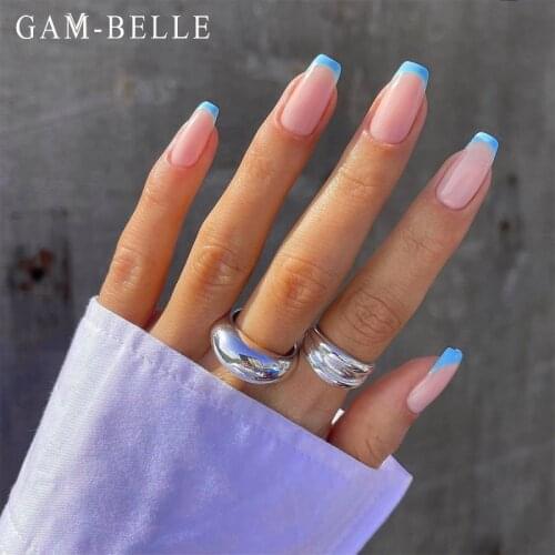 GAM-BELLE 24Pcs Long Square Fake Nails French Sky Blue Tips Full Cover Detachable Artificial Nail Art Tips Beauty Manicure Tools