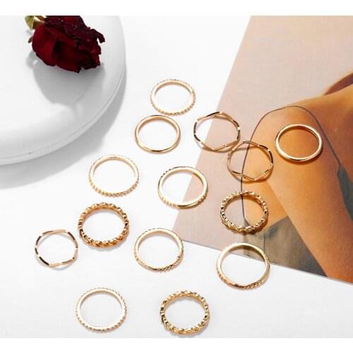 14PCS/Set Vintage Gold Color Knuckle Rings Set For Women Geometric Round Twist Weave Finger Ring Female Fashion Jewelry