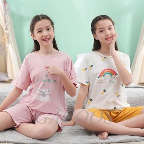 Teen Girls Clothing Sets Cotton Childrens Pajamas Nightwear Summer Cartoon Sleepwear Short Sleeves Pyjamas Kids Home Clothes