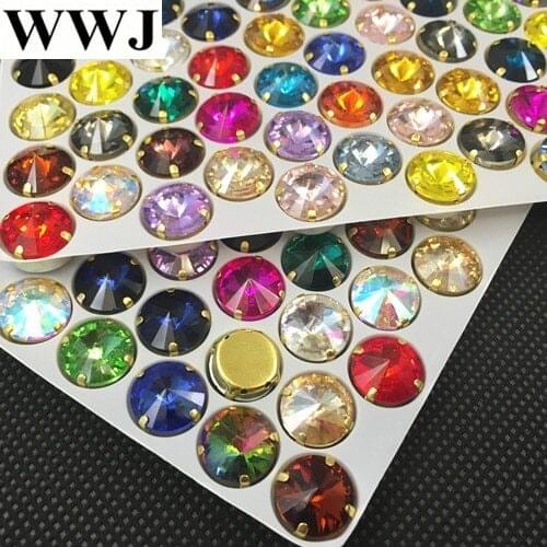 WWJ All Colors Rivoli Glass Crystal Sew On Stone With Brass Cup Claw Setting 6mm 8mm,10mm,12mm,14mm,16,18mm Rivoli Beads Jewelry