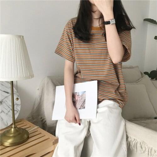 Summer Striped Short Sleeve Women Lazy All-Match Simple Chic Soft Tee Korean Style High Quality Loose Vogue O Neck Female Tops