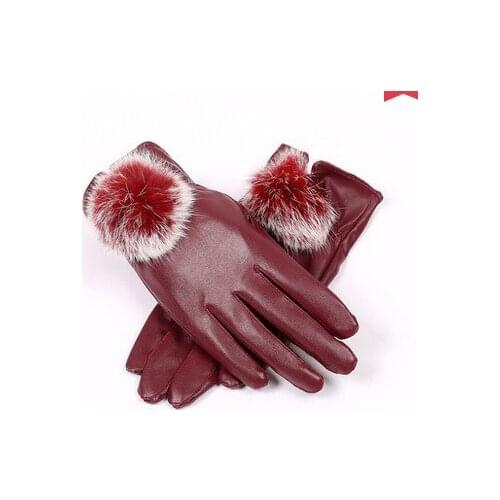 HOT RECOMMEND Outdoor cycling Leather gloves ms autumn winter warm gloves lovely rabbit hair ball Add wool upset