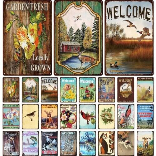 Welcome Zoo Garden Metal Tin Sign Classical Birds Cats Flower Deer Fishing Retro Plaque Iron Painting Print Wall Art Home Decor