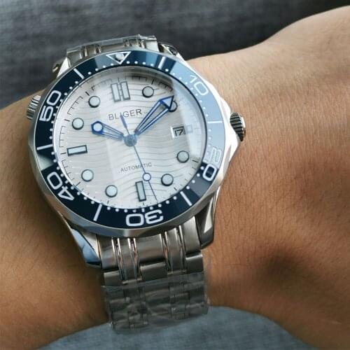 BLIGER Luxury White Dial NH35 MIYOTA 8215 Steel Band Screw Crown Mechanical Wristwatch Men Sapphire Crystal