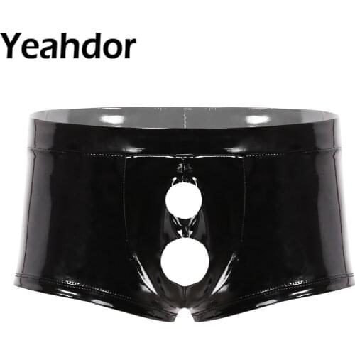 Mens Sexy Wet Look Patent Leather Lingerie Boxer Shorts Low Rise Bulge Pouch with Holes Boxer Briefs Erotic Underwear Clubwear