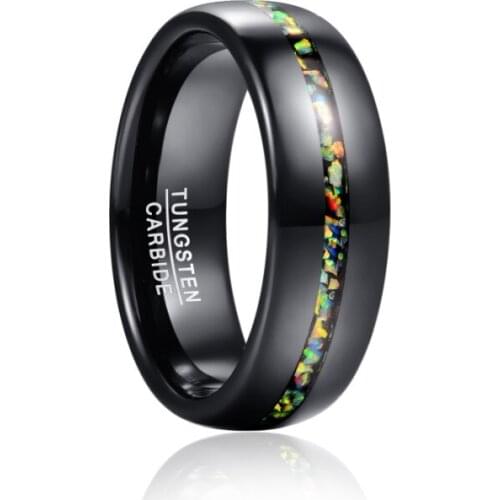 8mm Black Opal Dome Tungsten Carbon Ring Wedding Band for Men Comfort Fit Rings Engagement Jewelry Gift