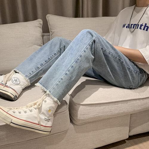 Washed blue raw edge jeans for men spring summer trend thin nine-quarter denim pants slim straight trousers mens plus size