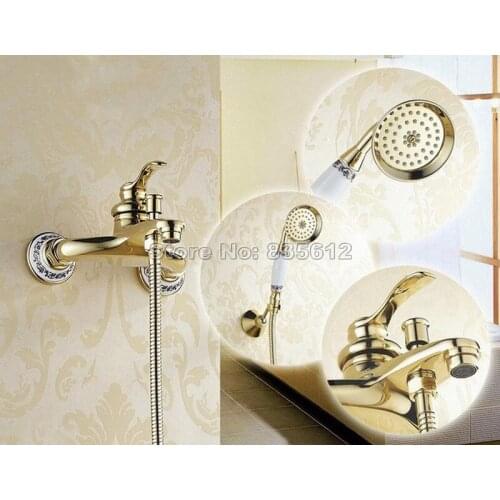 New Gold Color Brass Wall Mounted Bathroom Bathtub Shower Faucet with Ceramic Handheld Shower Mixer Single Handle Taps Wtf404
