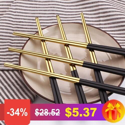 MORGIANA 5 Pairs/Set Black Gold Chopsticks LEON kitchen Tools European Japanese Chinese Korean Stainless Steel Dinnerware