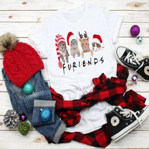 Furiends Cat Christmas T-ShirtCotton Kawaii Fashion Shirt Plus Size O Neck graphic Mama 100% cotton shirt Short Sleeve Top Tees