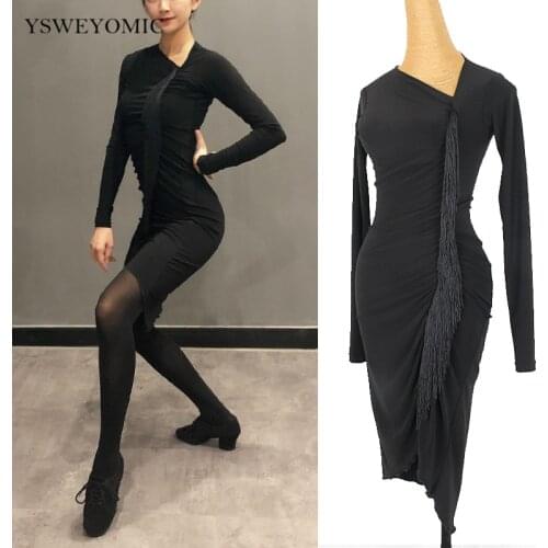 Salsa Latin Dance Dress Oblique Collar Long-sleeved Tassel Autumn and Winter Dance Dress Practice Sexy Short Dance Skirt L327