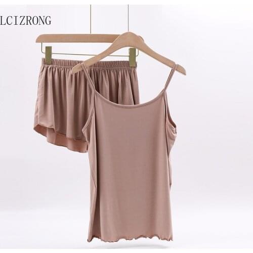 Sexy Loose Women Hot Pants Casual Cool Cami Top Fashion Solid Ruffle Ladies O-neck Pajamas Set Two Piece Set Top And Pants