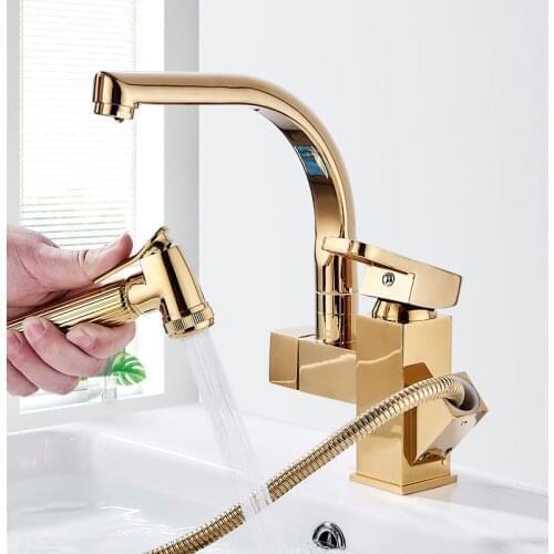 Pull Out 360 Rotation Sink Mixer Washer Household Single Handle Metal Cold and Hot Dishwasher Modern Gold Kitchen Sink Faucet