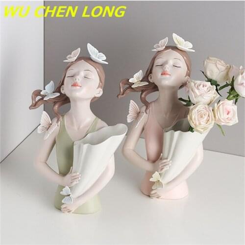 WU CHEN LONG Modern Butterfly Girls Art Sculpture Creative Flower Vase Resin Craft Storage Box Figurine Home Decoration R5741