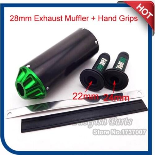 Green Aluminum 28mm Exhaust Muffler + Hand Grips For 50cc 110cc 125cc Pit Dirt Bike