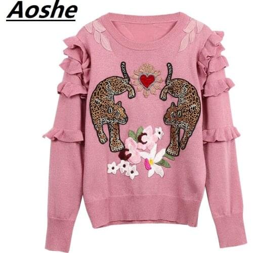Aoshe Woman Sweater Pullovers Long Sleeve New Leopard Love Flora Embroidery Runway Sweaters Ruffles Patchwork Casual Jumper