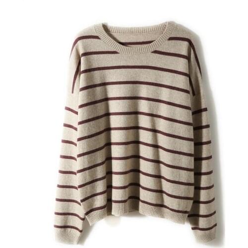 2021 Autumn Winter New Pure Wool Knitting Sweater Women Pullover Striped Color Matching Round Neck Loose Casual Bottoming Shirt