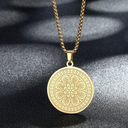 Handmade Round Flower Pendant Necklace For Women Buddhist Mandala Stainless Steel Jewelry Wholesale Golden Necklace Gift