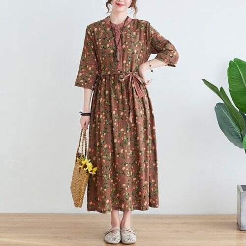 2021 New Arrival Print Floral Stand Collar Thin Soft Fashion Women Summer Autumn Dress Bow Sashes Vintage Office Lady Work Dress