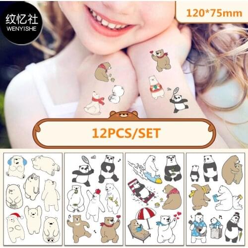 12pcs Fake Tattoo Waterproof Cute Bear Panda Kids Tattoo for Hands Arm Leg Face Body Women Children Temporary Tattoo Sticker