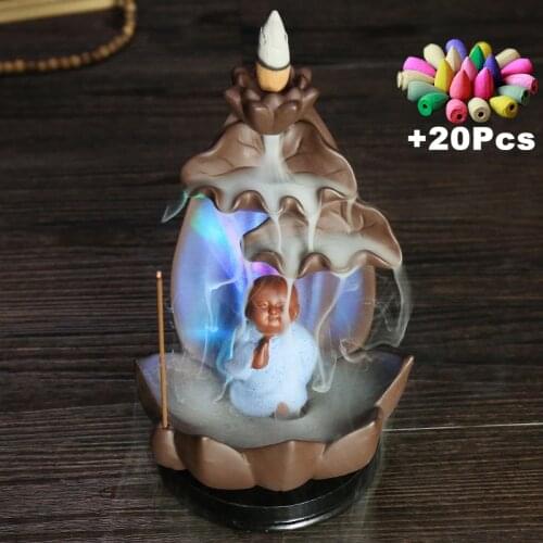 20 Cones Led Zen Purple Clay Backflow Incense Burner Lucky Feng Shui Monk Yoga Decoration Creative Ashtray TeaPet Home Ornament