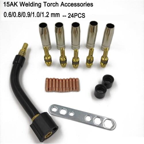 24pcs 15AK Binzel Torch/Gun Consumables Electrode and Shield Cups Link Rod Tips Goose Neck Bend for MIG Welding Machine