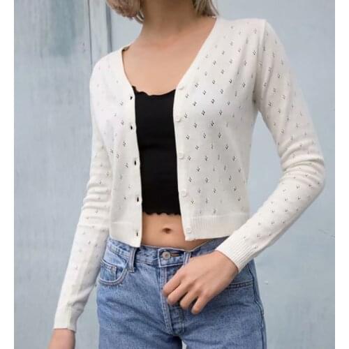 UNUTH Girls Slim Hollow Out Knitted Blouses 2021 Spring-Summer Fashion Ladies Vintage Bomb Cotton Knitwear Shirts Women Chic