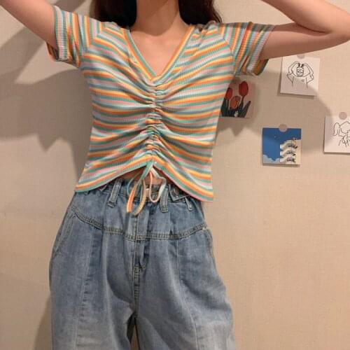 Bella Philosophy Wonder Summer Street Rainbow Striped Tees Cute Tops V neck Drawstring Knitted Casual Blouse Going Out Omighty