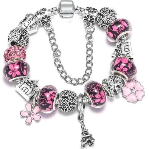 BRACE CODE 9 paragraph Romantic Eiffel Tower Charm Bracelet Hot Crown Castle Fine Bracelet Flower Pendant Womens Gift