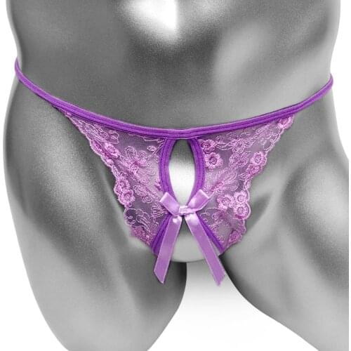 Floral Lace Sissy Panties with Bowknot Sexy Gay Lingerie Crotchless Thong Mens Underwear Novelty Hot Crazy Male